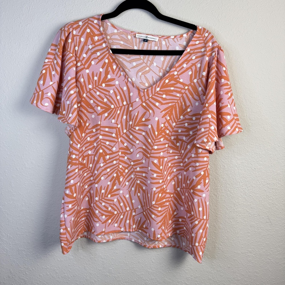 Michelle McDowell Shirt Womens Medium Palm Leaf Print Flutter‎ Sleeve Top